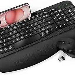 Wireless Keyboard and Mouse Combo, 2.4G Quiet Keyboard Mouse Set, Ergonomic Keyboard with Cushioned Wrist, Wave Keys, Phone Tablet Holder, Natural Typing for Windows, Mac, Laptop, PC (Black)-picture-59