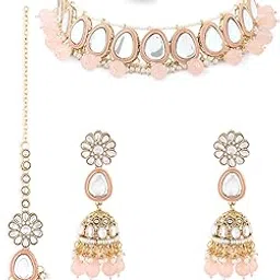 zaveri pearls Peach Beaded Kundan Choker Necklace Earring Maangtikka Set For Women -ZPFK16174-picture-36