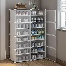 Zemic DIY Portable Shoe Rack for Home Plastic Shelves Household, Shelf Shoe Rack with Dustproof Door for Heels/Slippers/Boots for Entryway or Bedroom (White, 16-Shelf-8-Door)-image-79