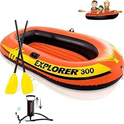 Toy Imagine™ Explorer 300 3 Person Polyvinyl Portable Orange Inflatable Boat with French Oars and Hand Pump, Kids Adventure, Rafting, Small Boats for Pools and Lakes-picture-18