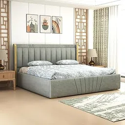 Aditya Decors Woods Upholstered Queen Size Bed with Box Storage Solid Wood Fabric Bed Wooden Double Bed Cot Palang for Living Room Home Bedroom (Blue) (Gray)-image-66