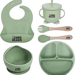 Cubs N Bears Baby Feeding Set of 6, Suction Plate, Suction Bowl, Spoon, Fork, and Sippy Cup with Silicone Baby Bib | Infant Toddler Feeding Set | BPA Free Material (Green)-picture-45