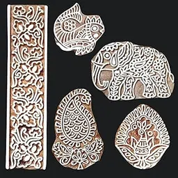 Ecofynd Wood Block Stamps (Pack of 5) for Printing - Artistic Shapes Craft Set for Kids, Saree Border, DIY Henna, Fabric, Textile, Paper, Clay, Pottery - Hand-Carved Wooden Blocks (BLOCK015)-picture-50