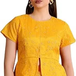 fr frolic rolic Frolic Rolic Yellow Women Net Embroidered Waist Length Round Neck Short Sleeves Blouse-picture-31