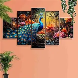 SAF Peacock Paintings For Wall Decoration - Set Of Five,3D Scenery Vastu Painting For Living Room Large Size With Frames For Home Decoration,Hotel,Office 76.2X45 Cm, Sanfpnls35471 - Engineered Wood-image-51