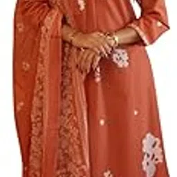 Traditional Rust Orange Salwar Suit Set with Floral Embroidered Dupatta, Cotton-image-94