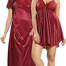 ledelav Women's Satin Nightwear Set, 2 Piece Short and Long Nighty, Black Lace-Trimmed Sleepwear, Babydoll and Maxi Gown-picture-37