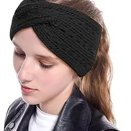 Women Stylish Soft Acrylic Woolen Headband New Cris Cross Bow Earwarmer Crochet Headwrap Hair Band for Spa Casual Ear Warmer Earmuff (Black)-image-9
