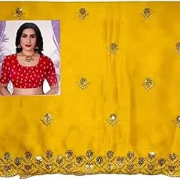 Yellow Malai Satin Fabric with Sequin Embroidery, 1 Metre, Decorative Floral Border-image-90
