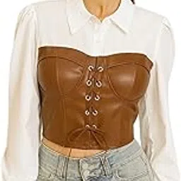 icw Wome Korean Style Lace-Up Collar Neck Smock Long Sleeve Fake-Two Peice Ruffled Crop Blouse Corset Top Dn77-picture-18