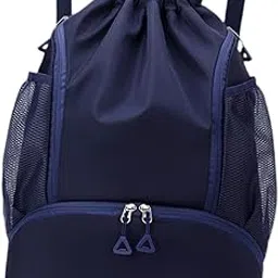 ATORSE Drawstring Backpack Basketball Lightweight Waterproof with Shoes Compartment Dark Blue-image-0