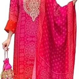 anni designer Women’s Bandhani Printed Kurta Set | Rayon Embroidered Ethnic Suit with Pant & Dupatta | Festive Kurti Set for Women | Pure Cotton Printed Kurta with Pant and Dupatta Set image 1