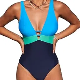 cupshe Women One Piece Swimsuit Bathing Suit Cutout V Neck Adjustable Straps Color Block O Ring-picture-15