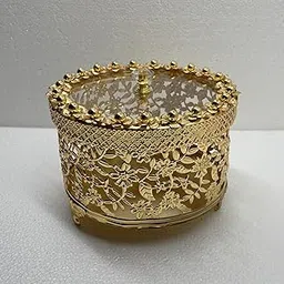 M.K Handicraft Decorative Jewelry Box with Crystal Knob, Gold Met al Filigree Design, Round Glass Storage (6INCHES) Container For Jewellery,Watch And Accessories (Floral gold 6Inches)-image-51
