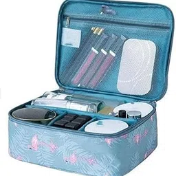 One Piece of Portable Makeup Pouch Travel Cosmetic Storage Double Zipper Pouch Bag Kit with Removable Partitions and Handle- for Women-Blue Colour Blue Birds Design| SB-P10139-image-74