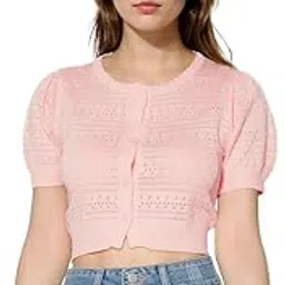 icw Women's Knitted Ribbed Hollow Out Button-Up Self Design Round Neck Puff Sleeve Cardigan Crop Top T-Shirt DN591-picture-18