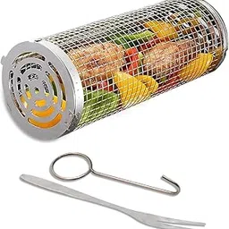 Rolling Grill Basket Stainless Steel, Barbeque Grill Basket with Removable Mesh Cover ,BBQ Accessories, Grill Baskets For Outdoor Grill, Great Rolling Grilling Basket, for Camping/Picnic, Vegetable-picture-29