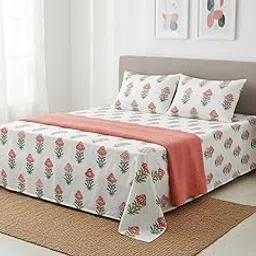 Premium Cotton Floral Print Bedsheet Set with Pillow Covers, White with Red and Green Flowers, Hand-Block Print, Breathable Material-image-24