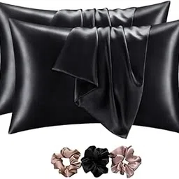 GO WELL solid Satin Silk Pillow Covers Pack of 2 for Hair and Skin-with Satin Scrunchies |Satin Pillow coves for Hair and Skin|scrunchies for Women 3-Piece|Silk Pillow case (Black) 600TC-image-2