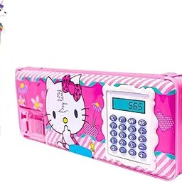 JOYLAND Toys Glitter Pen Magnetic Pencil Box with Calculator & Dual Sharpener for Kids for School, Big Size Cartoon Printed Pencil Case for Kids, (Frozen-Geo) Pack of 1 (Kitty)-picture-21