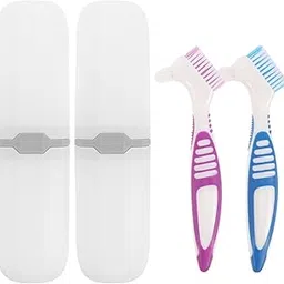 Healeved 2 Sets Denture with Toothbrush Cases, Denture Cleaning Personal Denture Toothbrush Small Double-Side Assorted Color-picture-56