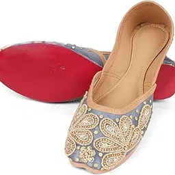 Kajal Foot Wear Dream Women's Traditional Punjabi Jutti – Handcrafted Embroidered Mojari with Multicolor Beads, Pearls & Floral Design – Ethnic Flat Slip-On Footwear Blue UK 4-picture-29