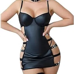 Conighty - Women Satin Lycra Babydoll Lingerie Dress with Garter Belt, Choker Neckline Mini Dress Women's Elegant One-Piece Lingerie Nightwear-picture-46