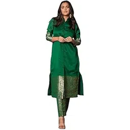 fabric heaven Women’s Jacquard Silk Kurta with Pant Set Elegant Woven Zari Border Traditional Ethnic Wear for Occasions-picture-35
