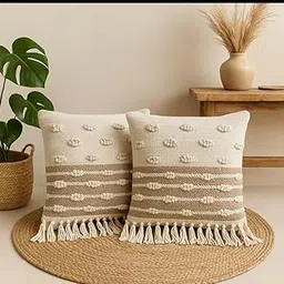 Cotton Cushion Covers Pack of 2 Pieces | 16x16 Inch Cream & Brown Textured Handloom with Tassels | Square Pillow Covers for Sofa, Diwan, Living Room, Bedroom, Chair, Car-image-51