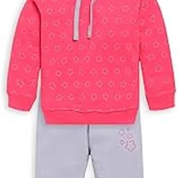 Baby Girls Full Sleeve Hooded Sweatshirt & Pyjama Set Pack Of 1, Cotton Rich Fleece, Coral Red, M (3 to 6 Months)-image-7