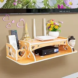 wolpin Wall Shelves Living Room Stylish Home Decor Display Rack Shelf Floating Storage Organiser Set Top Box Holder And Wifi Organiser, Remote Holder (Pack of 1) Oak Wood Color, Brown-picture-15