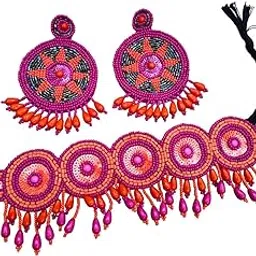 Fuschianet Accessories Orange Pink Seed Bead Choker Necklace Earrings for Women and Girls-picture-43