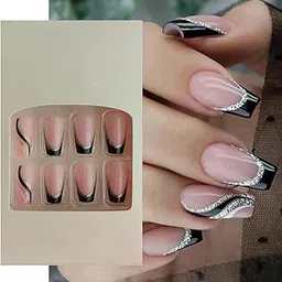 S.A.V.I 24Pc Nude & Black French Glitter Coffin Fake Nails - Manicure Press On with Adhesive & Glue-picture-51