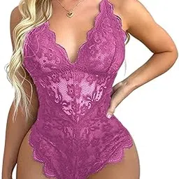 VSNAZ Floral Lace Bodysuit, V-Neck Teddy Lingerie, Scalloped Trim, Purple-picture-20