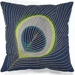 SIDRA Cushion Covers Set of 3 – 40x40 cm | Peacock Feather Embroidery on Navy Blue | 100% Cotton Decorative Pillow Covers for Sofa, Bed & Living Room | Front Embroidered, Solid Back, Hidden Zipper-image-4