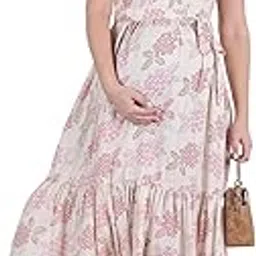moms maternity Women's Cotton Slub OffWhite Floral Print Maternity Feeding Smoked Panel Dress with Zipless Feeding Access-picture-22