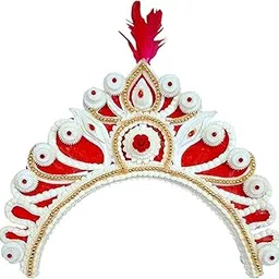 bengcraft Bridal Shola Mukut Design for Bengali Wedding, Women's Tiara Crown Hair Accessories for Hindu bride, Red White Golden Biyer White Solar Mukut for Marriage-picture-55