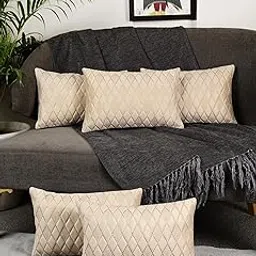 MONKDECOR (O.F Velvet Throw Pillow Covers 12x18 Inch - Soft Quilted Rectangle Cushion Covers with Gold Diamond Lattice Design - Pack of 1, Cream Color-picture-34