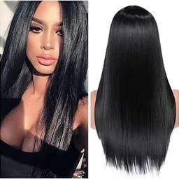 OSEN Synthetic Straight Layered Natural Middle 28 inch long Hair Partition Heat Resistant Wig for Women and Girls, Black (2 Wig Caps 1 Carry Pouch)-picture-28
