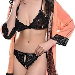 xs and os Women's Belted Robe with Peek-a-Boo Lace Bra Panty Lingerie Set-picture-36