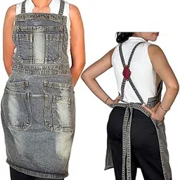 MANUSHYA LIFE Denim Work Women's Apron with Convenient Pockets - Jean Apron for Hairstylist Cross Straps & Adjustable (Greenish Black)-picture-15