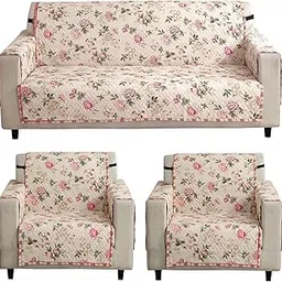 HOKIPO 'HomeHues Series' Printed Quilted Sofa Cover 5 Seater Fully Covered 3+1+1 with Pockets, Beige Peonies (IN-811-D3*2 + IN-813-D3)-picture-34