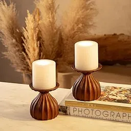 IAAH Mystic Wood Candle Pillar Set of 2 | Wooden Candlestick Holder for Tealight & Pillar Candles | Antique Decorative Stand for Home, Living Room, Dining Table & Bedroom-picture-17
