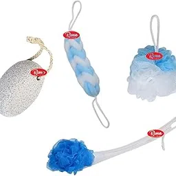 Runa Blue Wash Loofah for Bathing Men Women Loofah with Handle Bath Brush Pumice Stone Foot Scrubber Back Belt Long Scrubber Sponge (Combo of 4) Colour (Blue)-picture-15