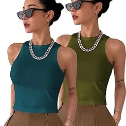 keri perry Women's Knitted Sleeve Less Solid Round Neck Ribbed Tank & Crop Tops (Pack of 2 (Two))-picture-37