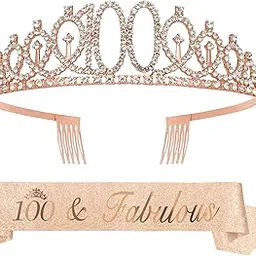 xztimes Happy Birthday Headband,100th Birthday Tiara and Sash for Women,Birthday Sashes,Birthday Crown for Women,100th Birthday Crown and Sash,100th Birthday Sash,100th Birthday Decorations, Birthday Gifts, 100, Metal-picture-38