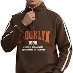 akar Men's Regular Fit Quarter-Zip Sweatshirt, Cotton Blend, Grey with Brooklyn Print, Winter Casual Wear-picture-40
