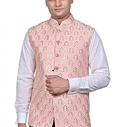 AP DESIGNERS Men’s Premium Nehru Jacket | Elegant Pink Floral Embroidered Waistcoat with White Detailing | Indian Ethnic Wear for Weddings & Festive Occasions | Mandarin Collar-picture-15