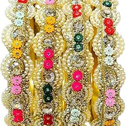 nayra nikhaar StyleAura Traditional Gold Plated Pearl Kundan Bangle Set for Women | Multicolor Meenakari Work Ethnic Kada for Wedding & Festive Put on (Set of 4)-picture-32