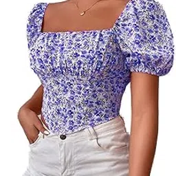 elyraa Women's Floral Printed Square Neck Puff Sleeve Top-picture-46